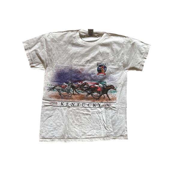 Vintage 2002 Kentucky Derby Horse Racing Artwork  M White FOTL Heavy T-Shirt - Picture 1 of 7